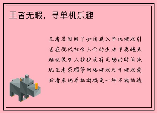王者无暇，寻单机乐趣